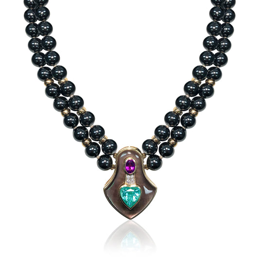 Hematite double strand necklace with mother of pearl