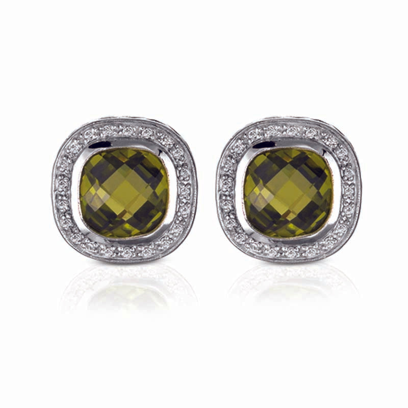 STERLING SILVER SQUARE EARRINGS WITH OLIVE CENTER CZ AND CLEAR CZ STONES