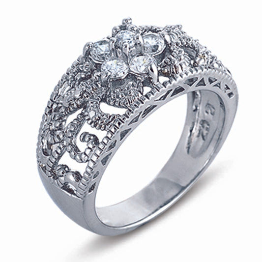 STERLING SILVER FLOWER RING WITH CZ STONES