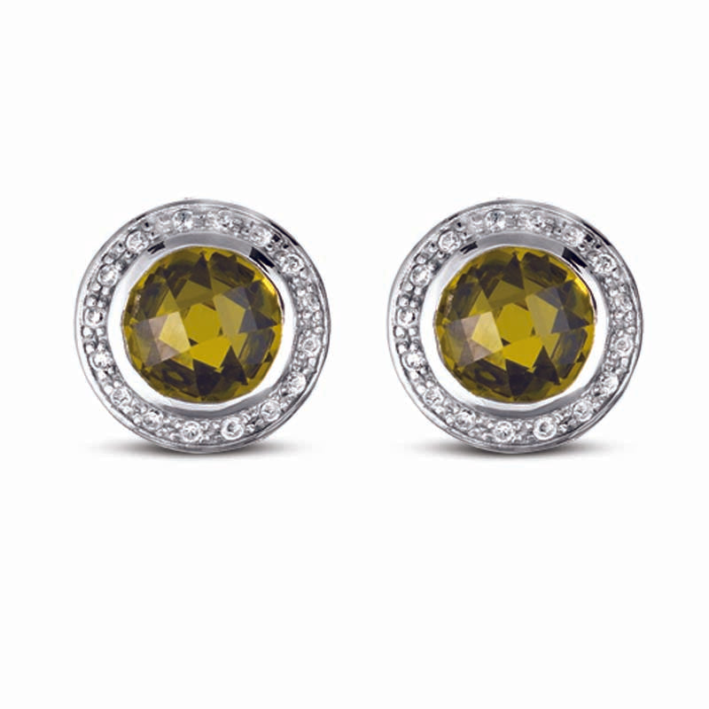 STERLING SILVER ROUND EARRINGS WITH OLIVE CZ STONE