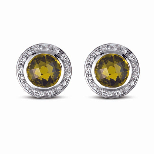 STERLING SILVER ROUND EARRINGS WITH OLIVE CZ STONE