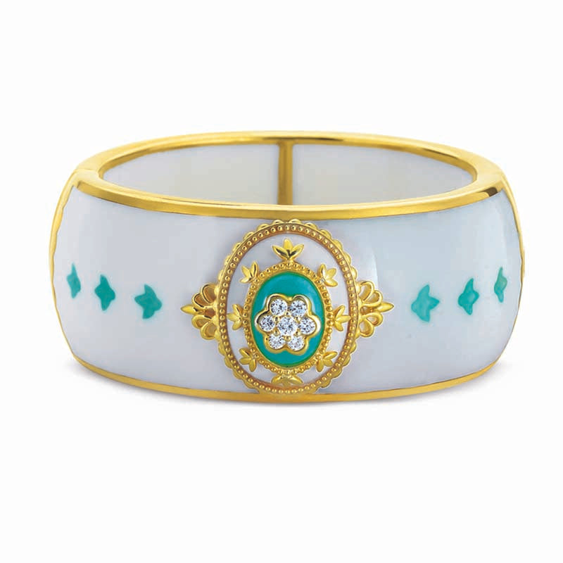 STERLING SILVER GOLD PLATED BANGLE WITH WHITE AND LIGHT GREEN RESIN