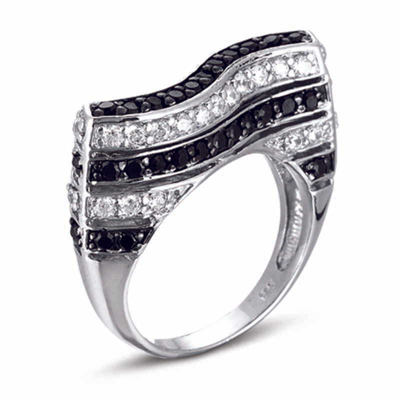 STERLING SILVER RING WITH BLACK AND CLEAR CZ STONES