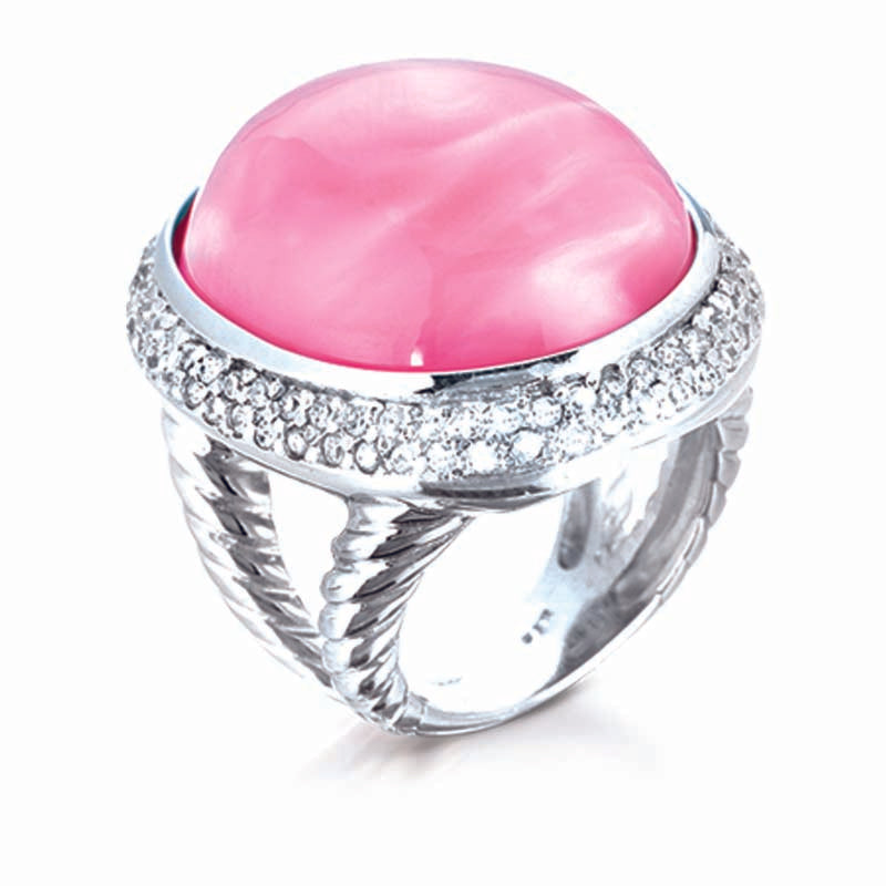 STERLING SILVER RING WITH PINK CABOCHON AND CZ STONES