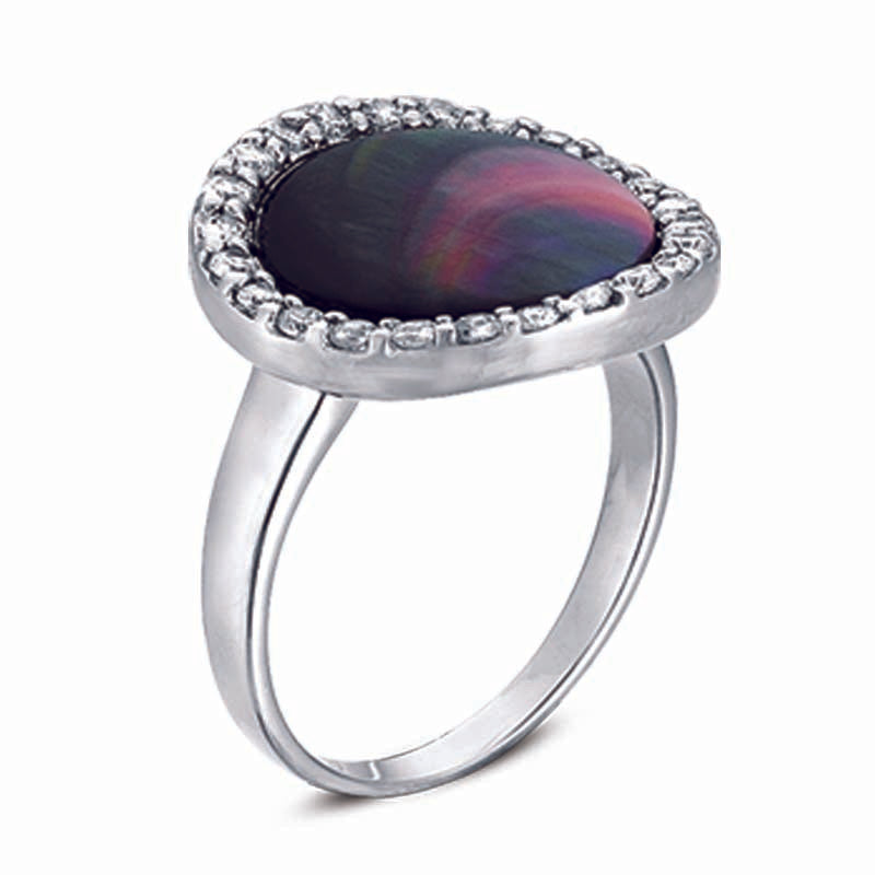 STERLING SILVER RING WITH GREY MOTHER OF PEARL AND CZ STONES