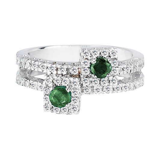 14K White Gold Fashion Ring With Diamonds And Emeralds