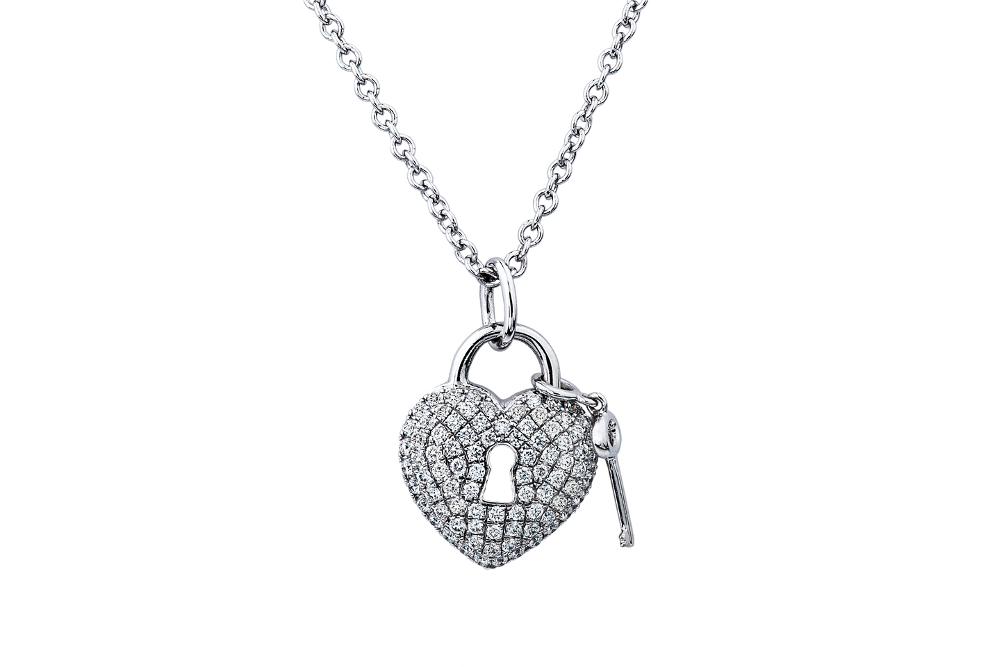 14K White Gold Diamond Heart Lock And Key Necklace