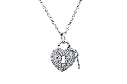 14K White Gold Diamond Heart Lock And Key Necklace