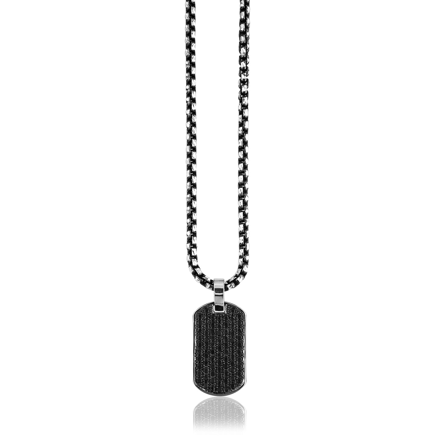 Sterling Silver dog tag id with black spinel on jumbo box chain 20"