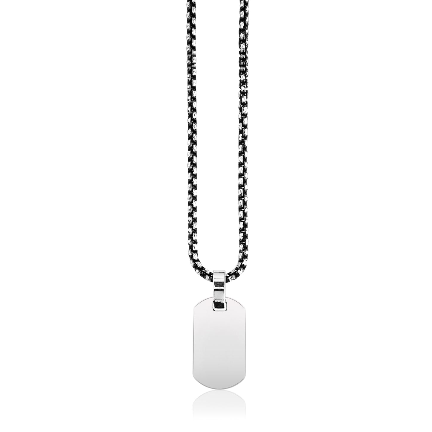 Sterling Silver dog tag id with black spinel on jumbo box chain 20"