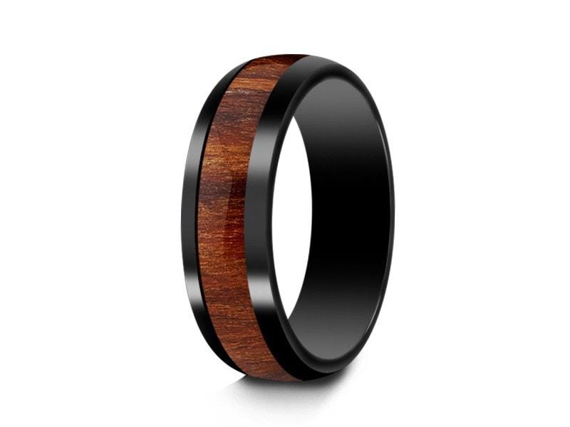 HAWAIIAN Koa Wood Inlay Black Ceramic Ring - Ceramic Wedding Band - 5th. Anniversary - Dome Shaped - Engagement Ring - Comfort Fit  6mm - Vantani Wedding Bands