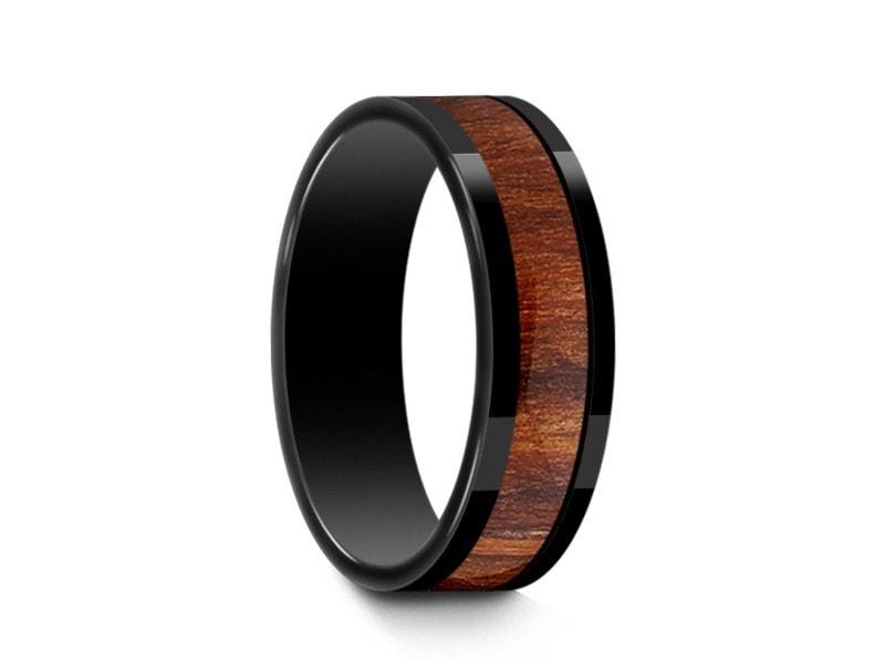 HAWAIIAN Koa Wood Inlay Black Ceramic Ring - Ceramic Wedding Band - 5th. Anniversary - Engagement Ring - Flat Shaped - Comfort Fit  6mm - Vantani Wedding Bands