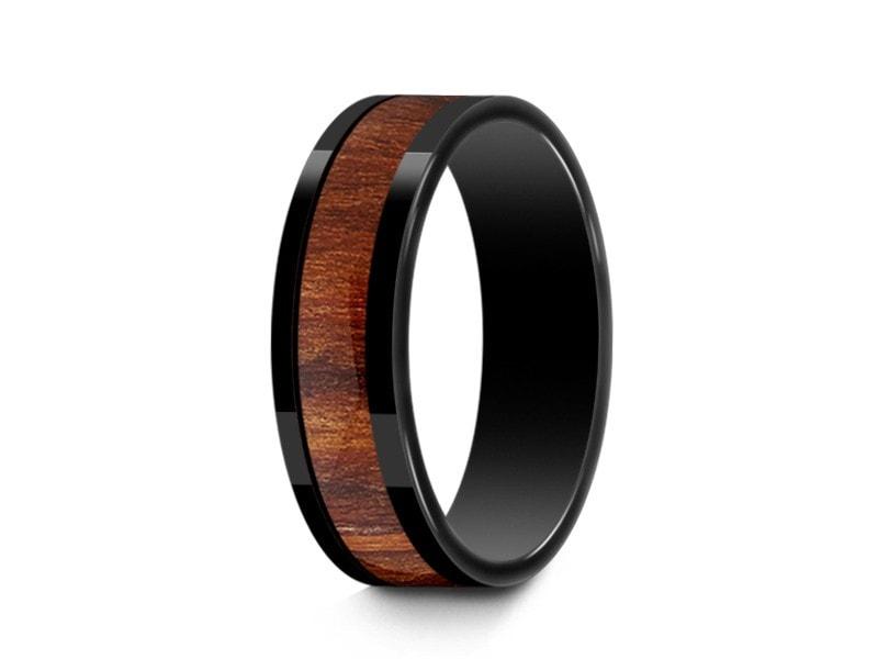HAWAIIAN Koa Wood Inlay Black Ceramic Ring - Ceramic Wedding Band - 5th. Anniversary - Engagement Ring - Flat Shaped - Comfort Fit  6mm - Vantani Wedding Bands