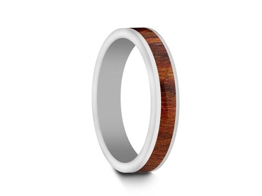 HAWAIIAN Koa Wood Inlay White Ceramic Ring - Ceramic Wedding Band - 5th. Anniversary - Flat Shaped - Engagement Ring - Comfort Fit  4mm - Vantani Wedding Bands