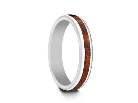 HAWAIIAN Koa Wood Inlay White Ceramic Ring - Ceramic Wedding Band - 5th. Anniversary - Dome Shaped - Engagement Ring - Comfort Fit  4mm - Vantani Wedding Bands