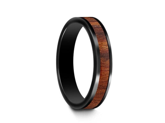 HAWAIIAN Koa Wood Inlay Black Ceramic Band - Ceramic Wedding Band - 5th. Anniversary - Engagement Ring - Flat Shaped  - Comfort Fit  4mm - Vantani Wedding Bands