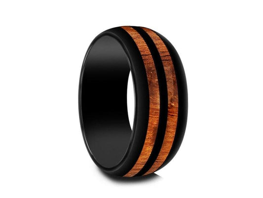 HAWAIIAN Koa Wood Inlay Black Ceramic Ring - Ceramic Wedding Band - 5th. Anniversary - Dome Shaped - Engagement Ring - Comfort Fit  8mm - Vantani Wedding Bands