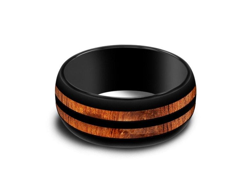 HAWAIIAN Koa Wood Inlay Black Ceramic Ring - Ceramic Wedding Band - 5th. Anniversary - Dome Shaped - Engagement Ring - Comfort Fit  8mm - Vantani Wedding Bands