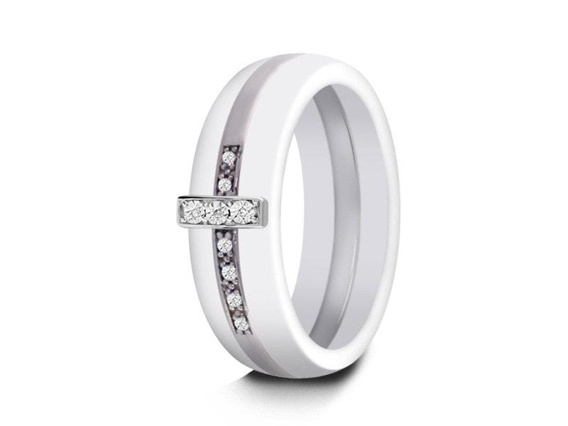White Ceramic Ring With Silver Cross Inlay - Religious Gift - High Polish - Engagement Ring - Dome Shaped - Comfort Fit  6mm - Vantani Wedding Bands