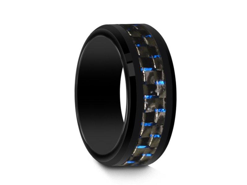 Black Ceramic Beveled Ring With Black and Blue Carbon Fiber Inlay- Wedding Ring - Engagement Band - Comfort Fit 8mm - Vantani Wedding Bands