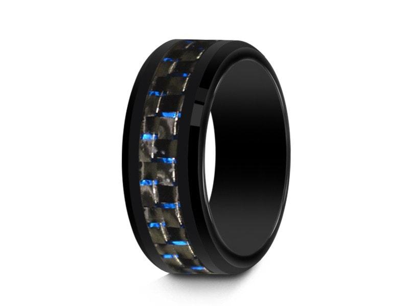 Black Ceramic Beveled Ring With Black and Blue Carbon Fiber Inlay- Wedding Ring - Engagement Band - Comfort Fit 8mm - Vantani Wedding Bands