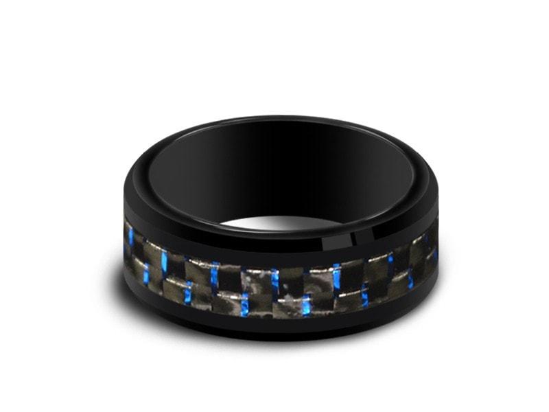 Black Ceramic Beveled Ring With Black and Blue Carbon Fiber Inlay- Wedding Ring - Engagement Band - Comfort Fit 8mm - Vantani Wedding Bands