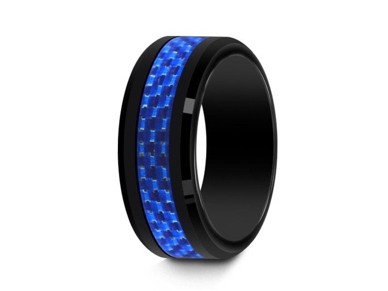 Black Beveled Ceramic Ring With Blue Carbon Fiber Inlay - Ceramic Wedding Band - Blue Carbon Fiber Inlay  Ring - Comfort Fit  8mm - Vantani Wedding Bands