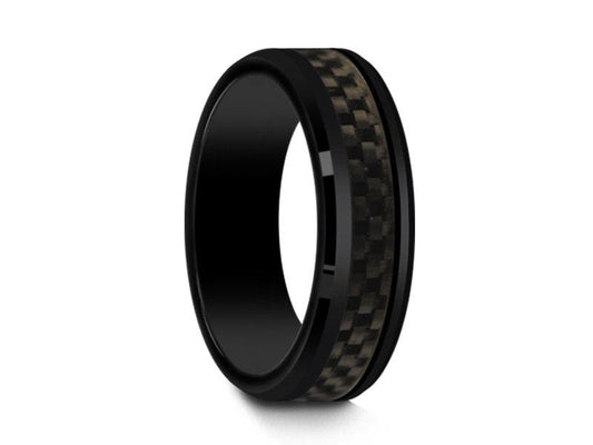 Black Beveled Ceramic Ring With Carbon Fiber Inlay - Ceramic Wedding Band - Engagement Ceramic Ring - Comfort Fit  6mm - Vantani Wedding Bands