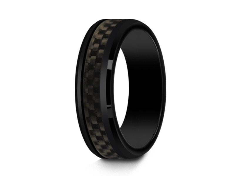 Black Beveled Ceramic Ring With Carbon Fiber Inlay - Ceramic Wedding Band - Engagement Ceramic Ring - Comfort Fit 6mm - Vantani Wedding Bands