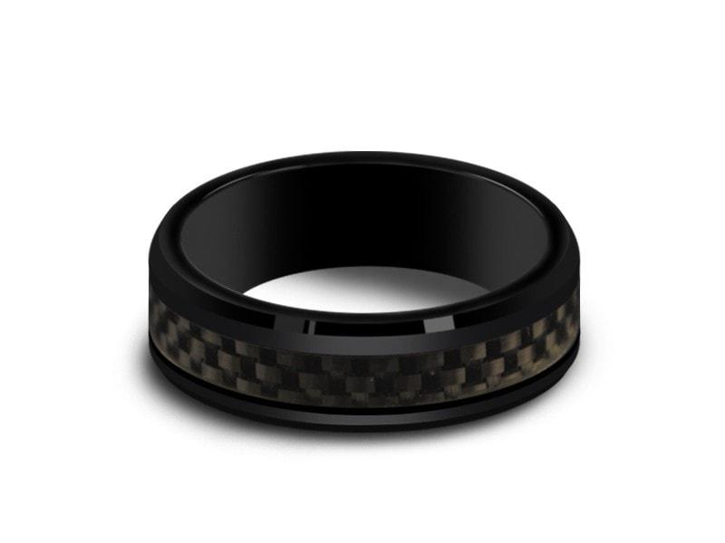 Black Beveled Ceramic Ring With Carbon Fiber Inlay - Ceramic Wedding Band - Engagement Ceramic Ring - Comfort Fit 6mm - Vantani Wedding Bands