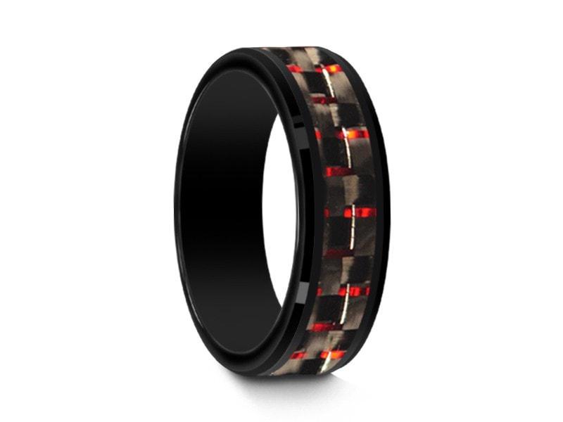 Black Ceramic Ring With Red Carbon Fiber Inlay - Red Ceramic Ring - Wedding Band - Ridged Edges - Comfort Fit 6mm - Vantani Wedding Bands