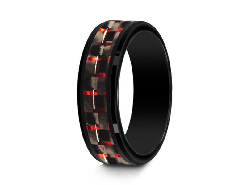 Black Ceramic Ring With Red Carbon Fiber Inlay - Red Ceramic Ring - Wedding Band - Ridged Edges - Comfort  Fit  6mm - Vantani Wedding Bands