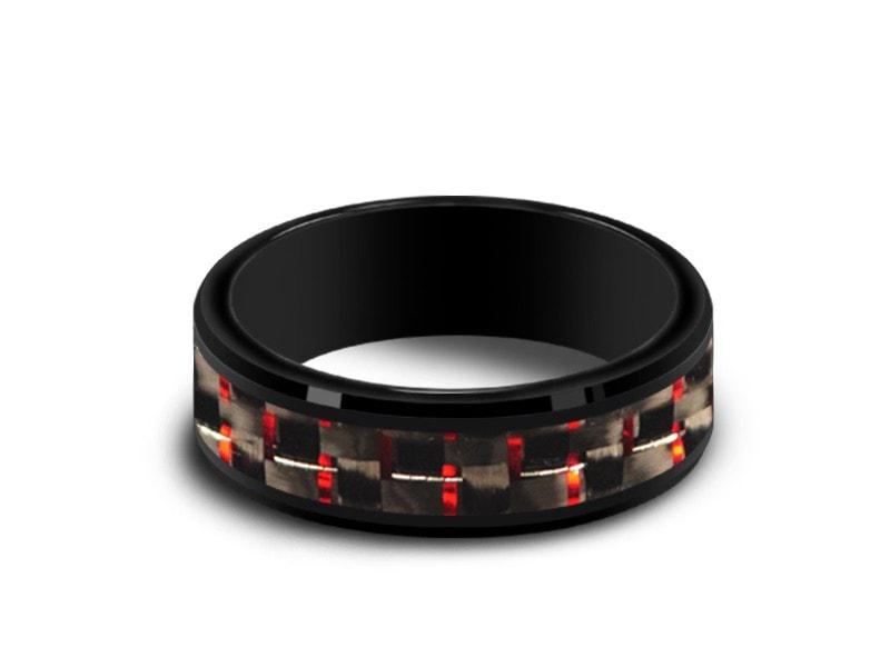 Black Ceramic Ring With Red Carbon Fiber Inlay - Red Ceramic Ring - Wedding Band - Ridged Edges - Comfort Fit 6mm - Vantani Wedding Bands