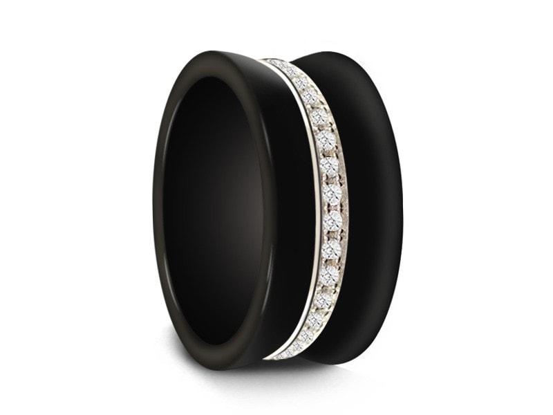 Black Ceramic Ring With Silver & Eternity CZ - Ceramic Wedding Band - Engagement - Anniversary Ring - Comfort Fit 10mm - Vantani Wedding Bands