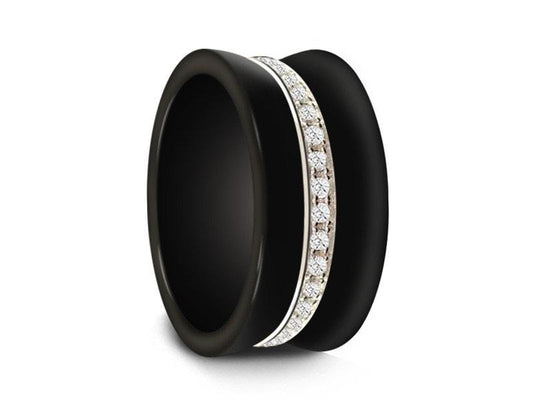Black Ceramic Ring With Silver & Eternity CZ  - Ceramic Wedding Band - Engagement - Anniversary Ring - Comfort Fit   10mm - Vantani Wedding Bands