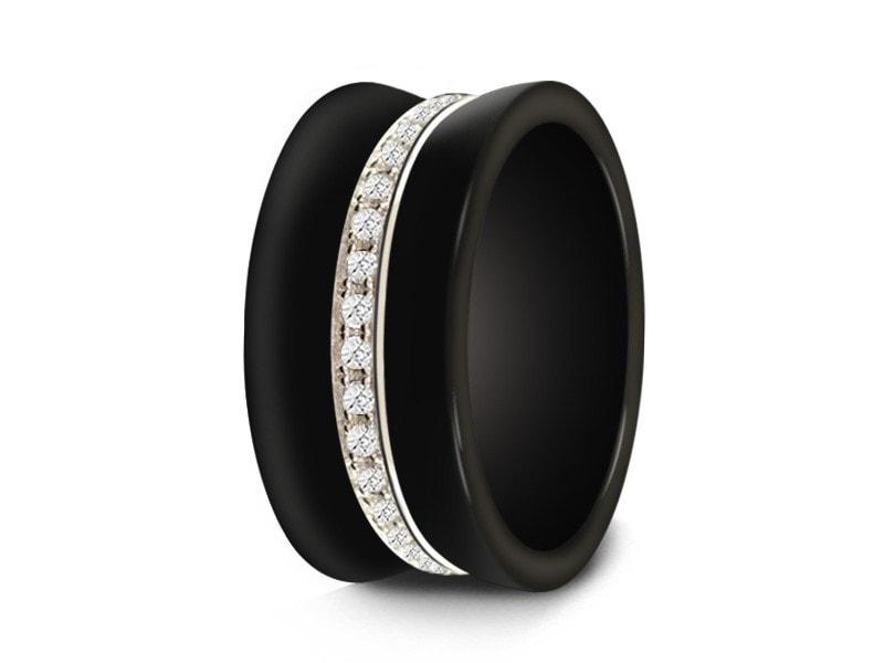 Black Ceramic Ring With Silver & Eternity CZ  - Ceramic Wedding Band - Engagement - Anniversary Ring - Comfort Fit   10mm - Vantani Wedding Bands