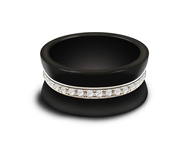 Black Ceramic Ring With Silver & Eternity CZ  - Ceramic Wedding Band - Engagement - Anniversary Ring - Comfort Fit   10mm - Vantani Wedding Bands