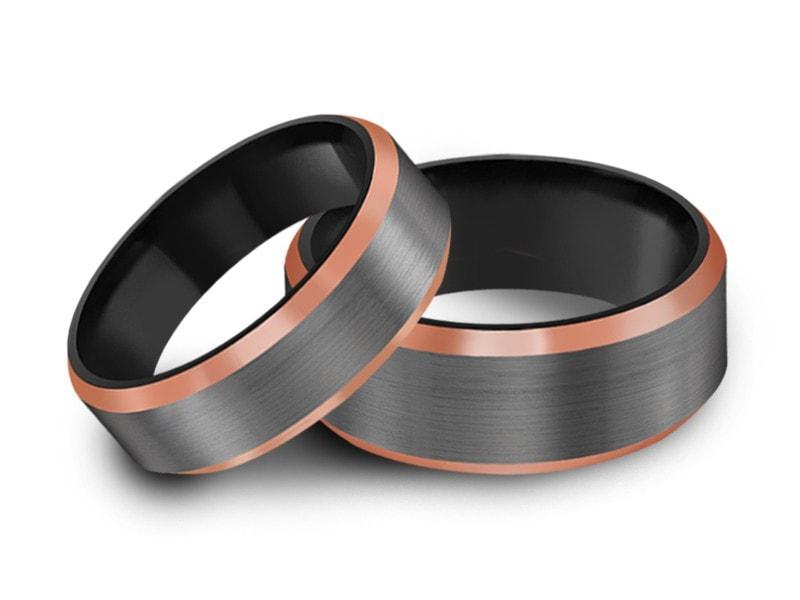 Tungsten Matching Wedding Band Set - Matching Bands - His/Hers - Engagement Ring Set - Two Tone Bands - Beveled Shaped - Comfort Fit  6mm/8mm - Vantani Wedding Bands