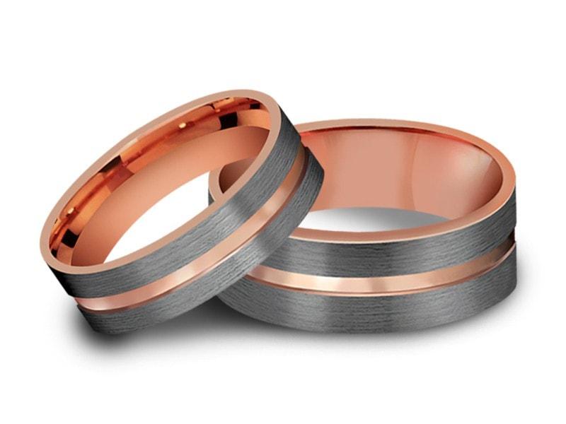 Tungsten Matching Wedding Band Set - Matching Bands - His/Hers - Engagement Ring Set - Two Tone Bands - Flat Shaped - Comfort Fit  6mm/8mm - Vantani Wedding Bands
