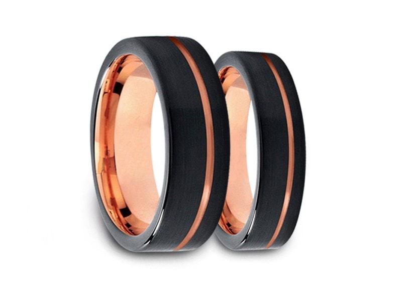 Tungsten Matching Wedding Band Set - Matching Bands - His/Hers - Engagement Ring Set - Two Tone Bands - Flat Shaped - Comfort Fit 6mm/8mm - Vantani Wedding Bands