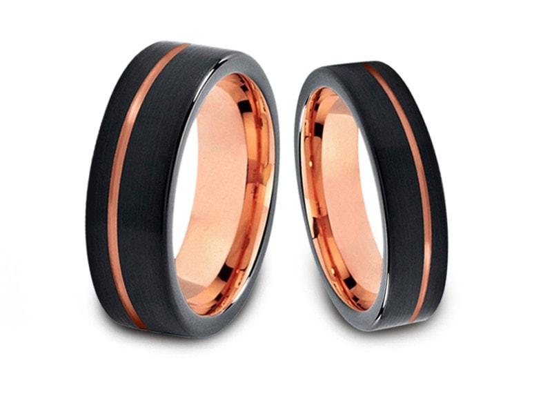Tungsten Matching Wedding Band Set - Matching Bands - His/Hers - Engagement Ring Set - Two Tone Bands - Flat Shaped - Comfort Fit 6mm/8mm - Vantani Wedding Bands