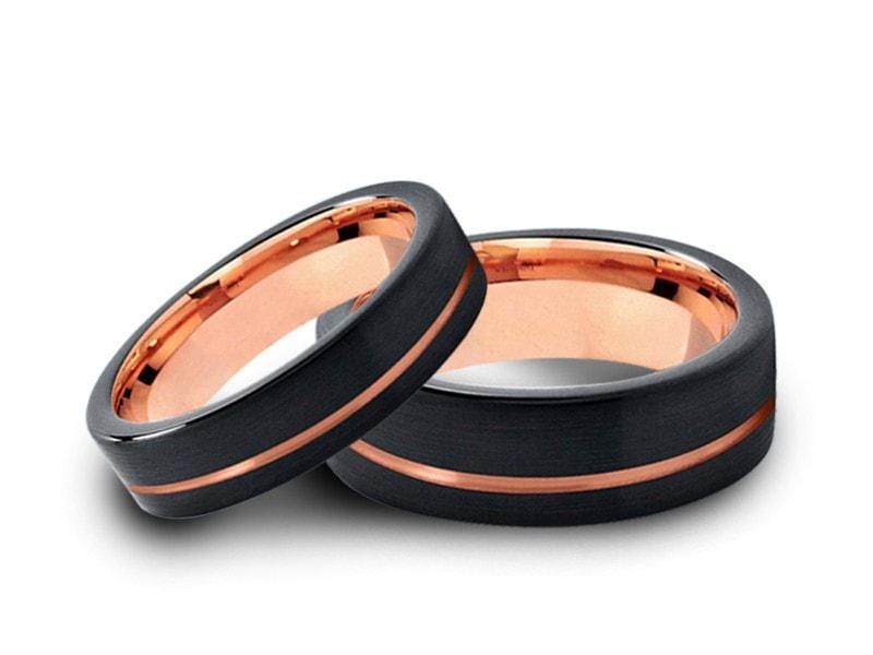 Tungsten Matching Wedding Band Set - Matching Bands - His/Hers - Engagement Ring Set - Two Tone Bands - Flat Shaped - Comfort Fit 6mm/8mm - Vantani Wedding Bands