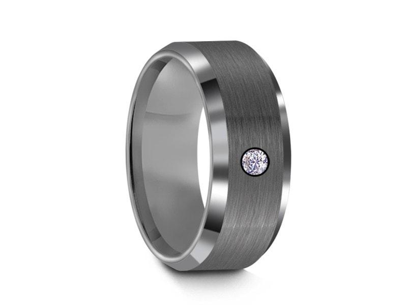 8MM Brushed GRAY GUNMETAL Tungsten Wedding Band CENTER CZ AND GRAY