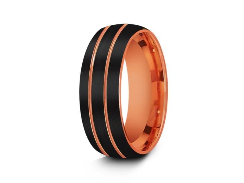 Rose Gold Tungsten Wedding Band - Black Brushed Ring - Engagement Band - Two Tone - Dome Shaped - Comfort Fit  8mm - Vantani Wedding Bands