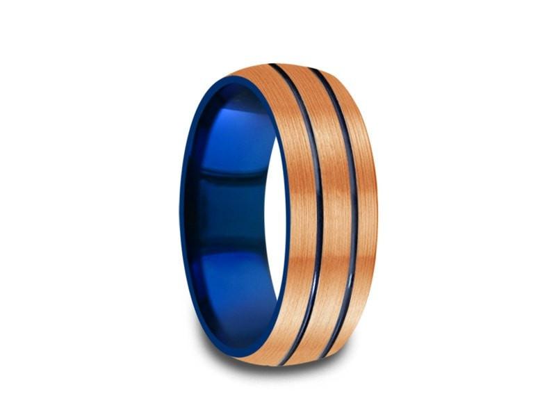 Rose Gold & Blue Tungsten Wedding Band - Brushed Polished - Engagement Ring - Two Tone - Dome Shaped - Comfort Fit 8mm - Vantani Wedding Bands