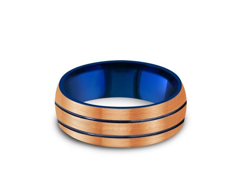 Rose Gold & Blue Tungsten Wedding Band - Brushed Polished - Engagement Ring - Two Tone - Dome Shaped - Comfort Fit 8mm - Vantani Wedding Bands