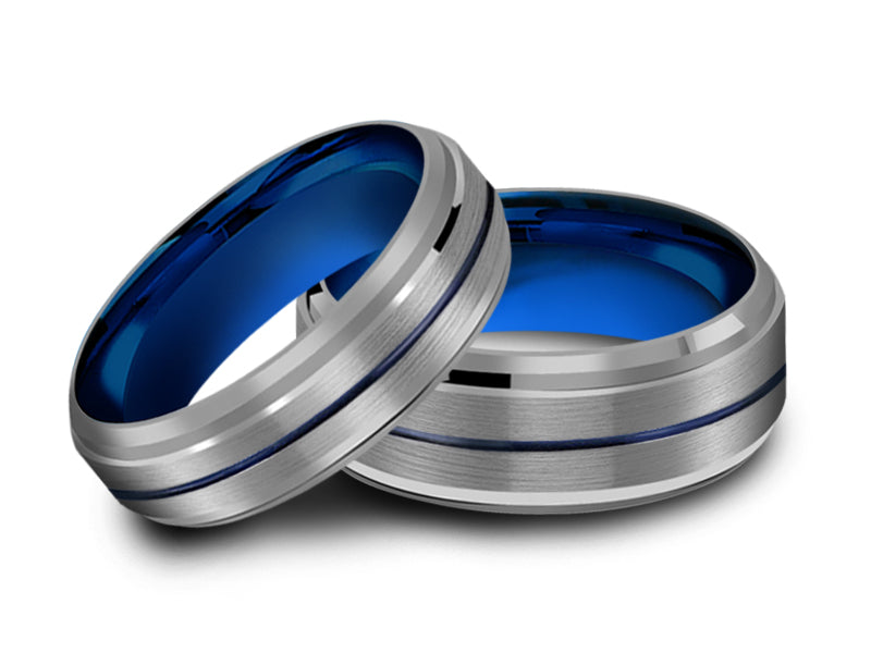 6MM/8MM GRAY TUNGSTEN WEDDING BAND SET BLUE CENTER AND BLUE INTERIOR