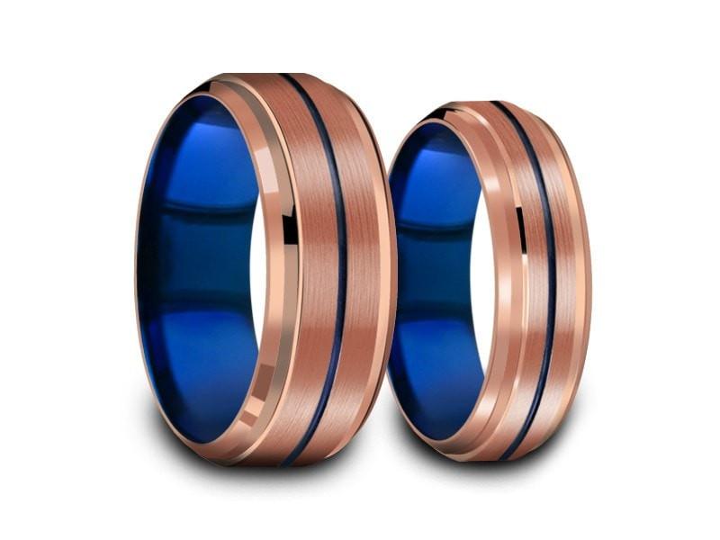 Tungsten Matching Wedding Band Set - Matching Bands - His/Hers - Engagement Ring Set - Two Tone Bands - Ridged Edges - Comfort Fit 6mm/8mm - Vantani Wedding Bands