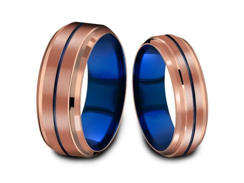Tungsten Matching Wedding Band Set - Matching Bands - His/Hers - Engagement Ring Set - Two Tone Bands - Ridged Edges - Comfort Fit 6mm/8mm - Vantani Wedding Bands