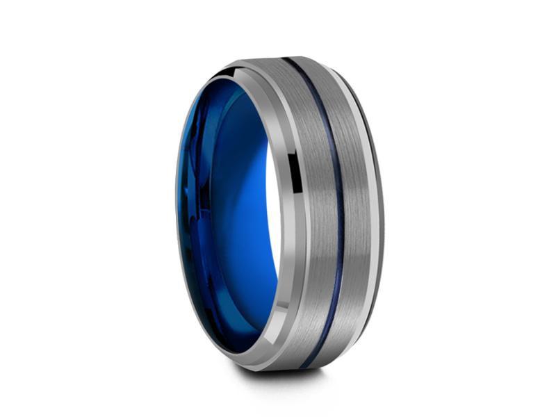 8MM GRAY TUNGSTEN WEDDING BAND BLUE CENTER AND BLUE INTERIOR